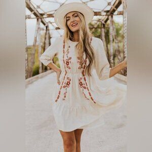 Roolee Linen Floral Embroidered Dress Size Medium Floral Boho Prairie Feminine